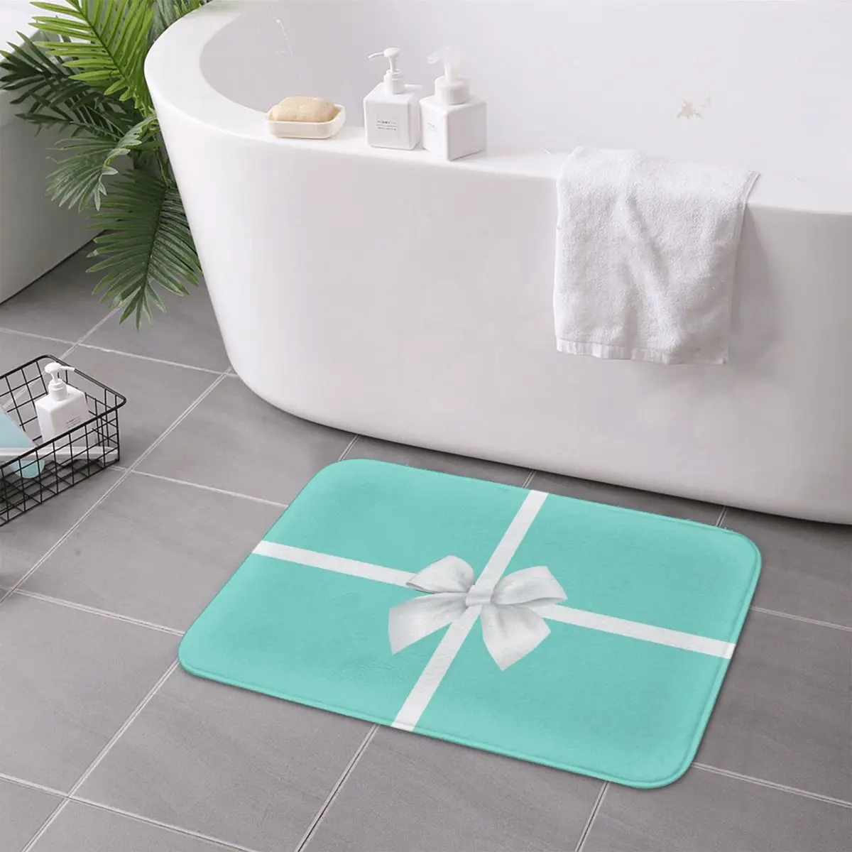 Turquoise Gift Box White Bow Non-slip Doormat Floor Mat Carpet Rug for Kitchen Entrance Home Bedroom Footpad Mats
