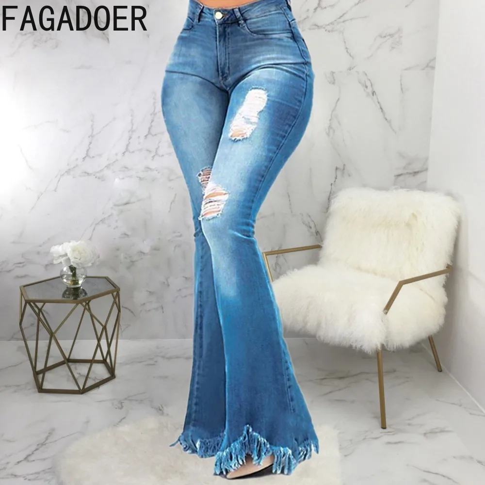 FAGADOER Fashion Hole Skinny Jeans Tassels Flare Pants Women High Waist Button Wide Leg Denim Trousers Lady Cowboy Bottoms 2024