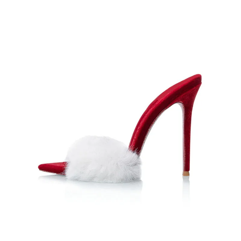 Sharp Pointed, Open Toed, Thin Heel Rabbit Fur Splicing Slippers Heels with Color Blocking One Kick One Line Dragging for Women