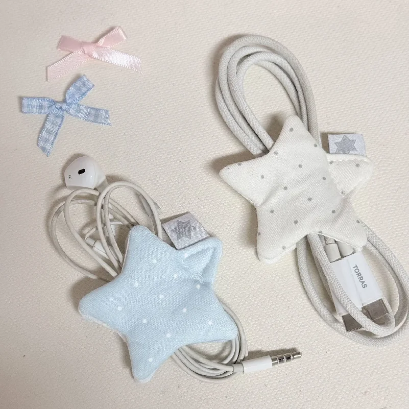 Japanese Earphone Decoration Accessories Handmade Fabric Star Wave Point Earphone Storage Bag Data Cable Organizer
