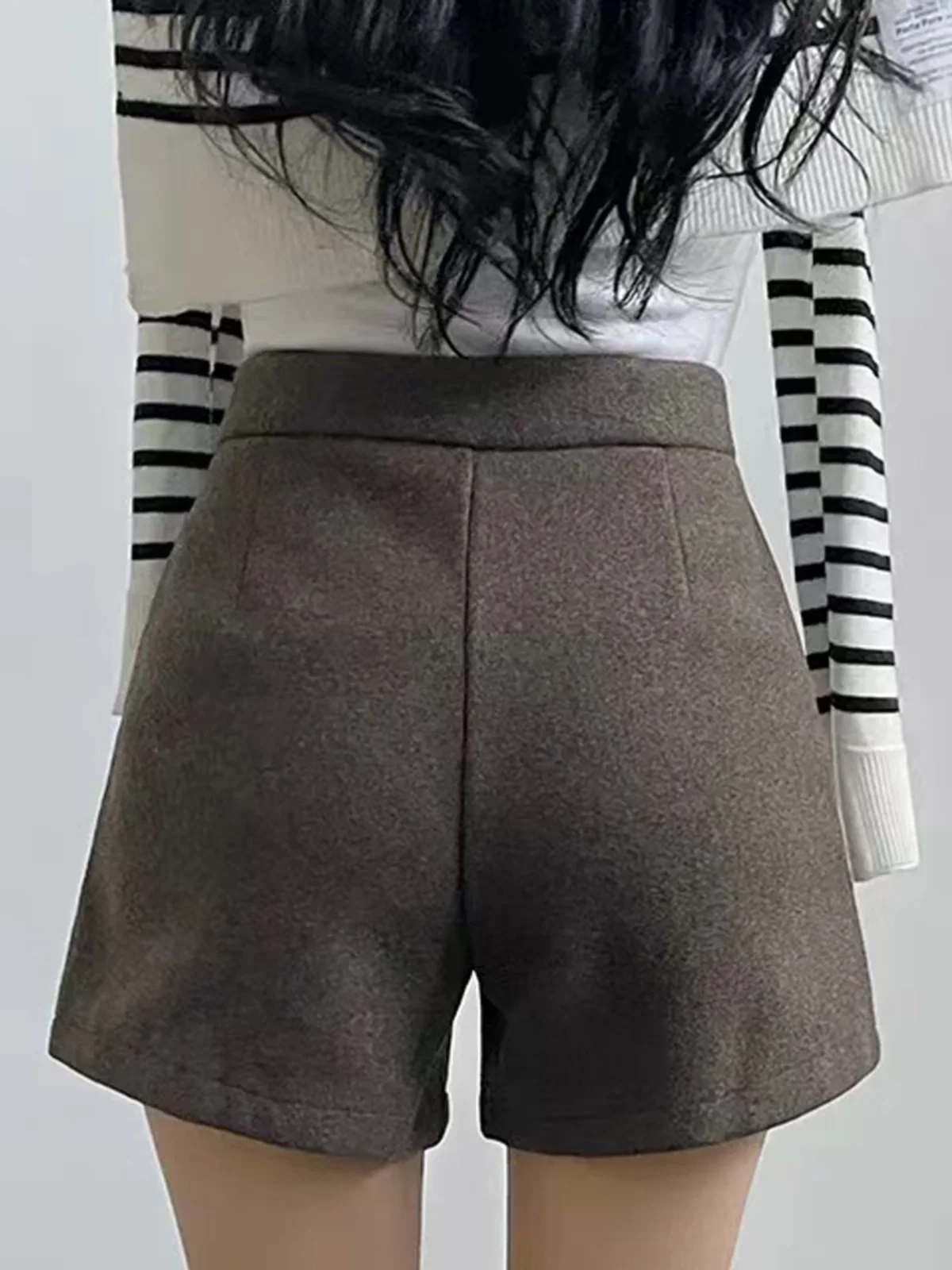 กางเกงลำลองฤดูหนาวสไตล์เกาหลีสำหรับผู้หญิง ผ้าขนสัตว์เทียม เอวสูง ทรงเข้ารูป ใส่สบาย