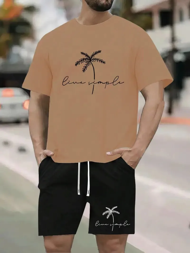 Men's sports suit fashionable coconut tree print round neck short sleeved T-shirt Hawaii vacation casual suit men's drawstring p