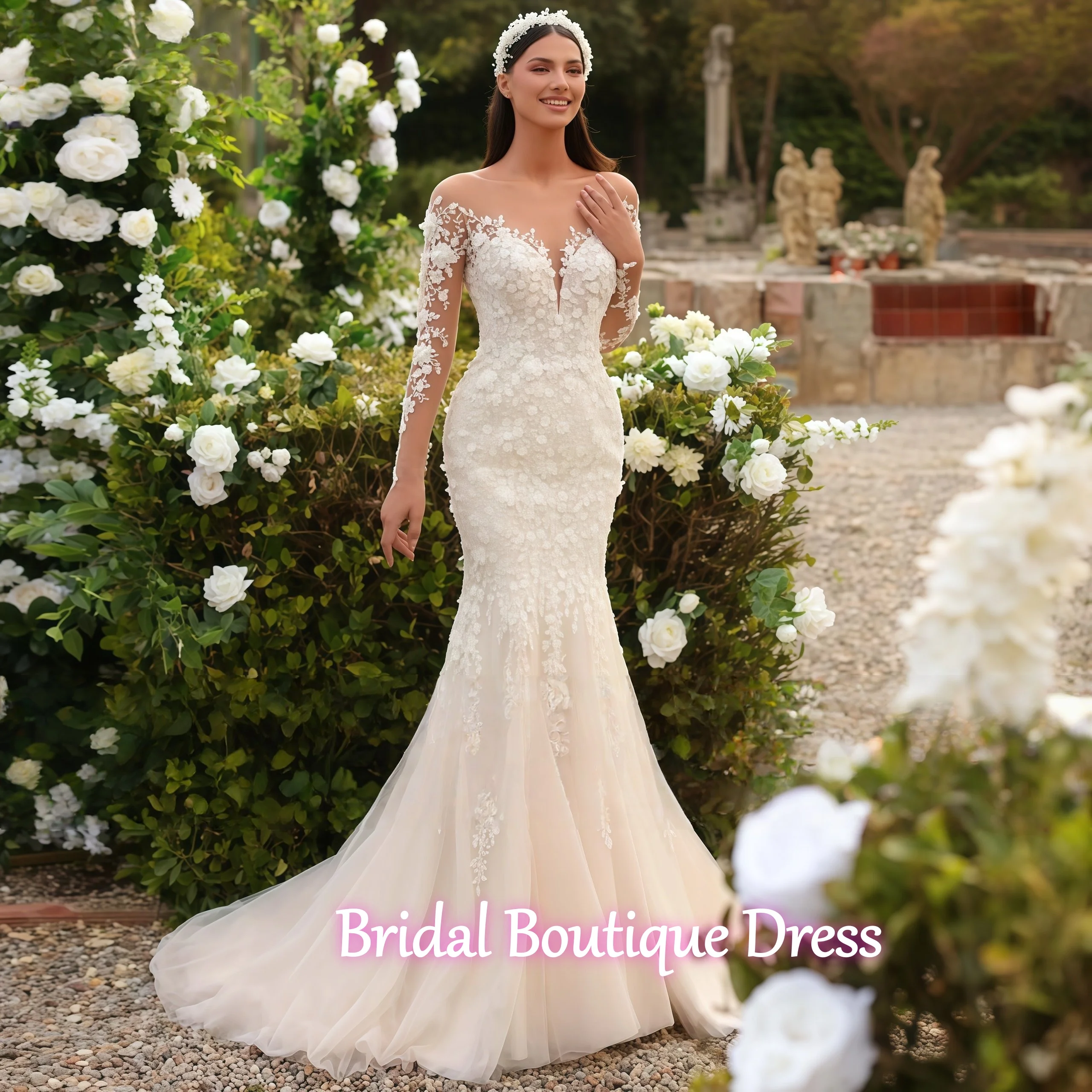 Customized Sexy Mermaid Wedding Dress O-neck Long Sleeve Bridal Gown Lace Detachable Trailing Vestidos De Novia Bride Gown