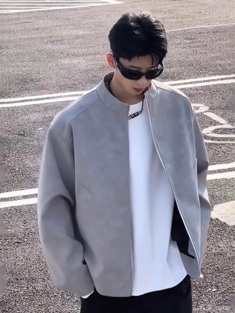 

Мужская серая матовая кожаная куртка, повседневная байкерская куртка с воротником-стойкой, американский стиль, приталенное бейсбольное пальто с короткими рукавами, весна-осень