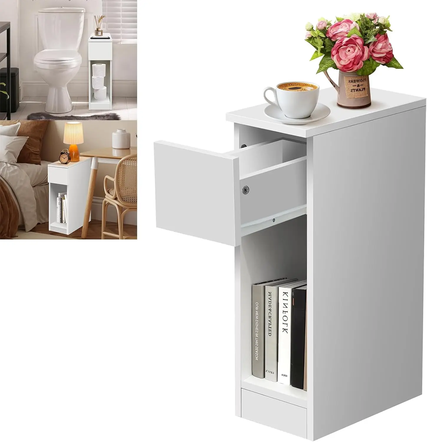 EFAN Narrow Side Table Slim End Table with Open Shelf & Drawer Sofa Bedside Thin Table for Small Spaces Nightstand 34x20x60cm