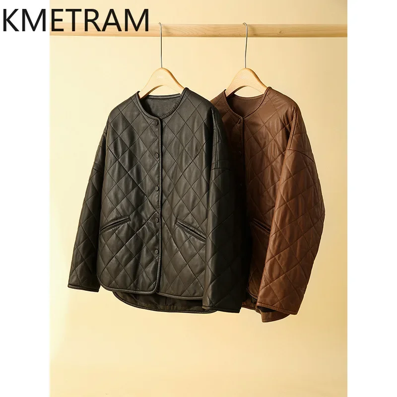 Kmetram-女性のための本物のシープスキンレザージャケット,綿の裏地,アウターウェア,秋の服,ファッション,新しい,2024