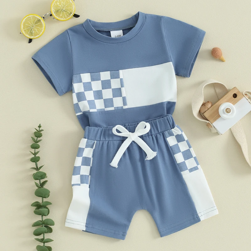 

Newborn Baby Girl Boy Summer Clothes Checkered Plaid Short Sleeve T-Shirt Tops Shorts Set Color Block Outfit