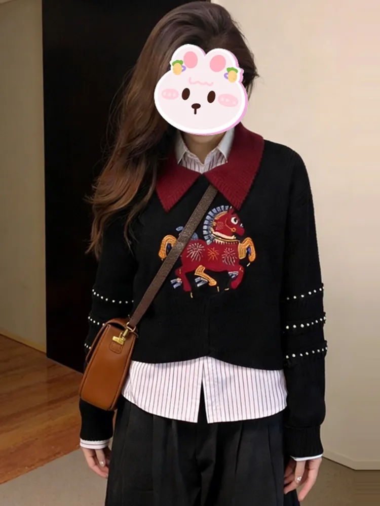 

Женский свитшот свободного кроя с вышивкой, весенняя новинка, модный дизайн с имитацией двухслойности, стройнящий эффект, отложной воротник