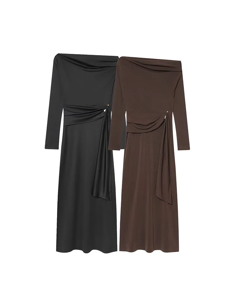 HH mujeres de manga larga Slash Neck Metal plisado decoración vestido Casual ajustado vestido largo femenino primavera sólido elegante vestido de fiesta