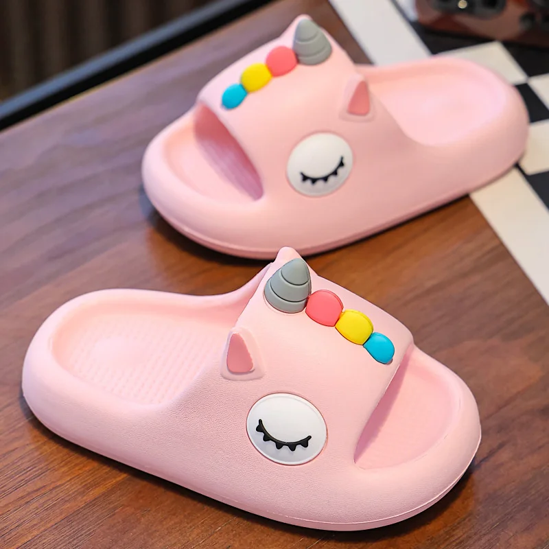 Summer Kids Home Shoes Flip Flops Baby Girls Slippers for Children Cartoon Unicorn Bathroom Antislip Thick Sole Slides 2-8 Years