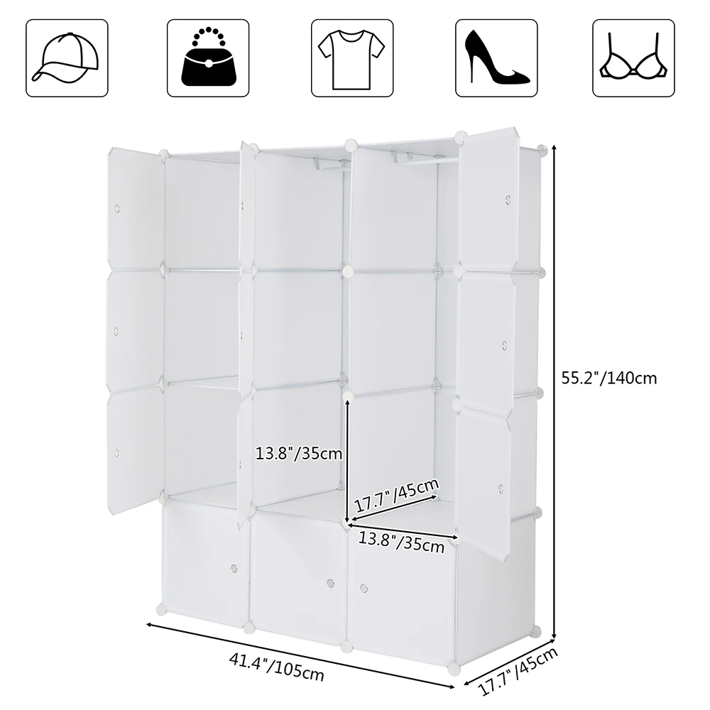 storage cabinet,12 Cube Organizer,Cube Storage Shelves Design,Multifunctional Modular Closet Cabinet with Hanging Rod White