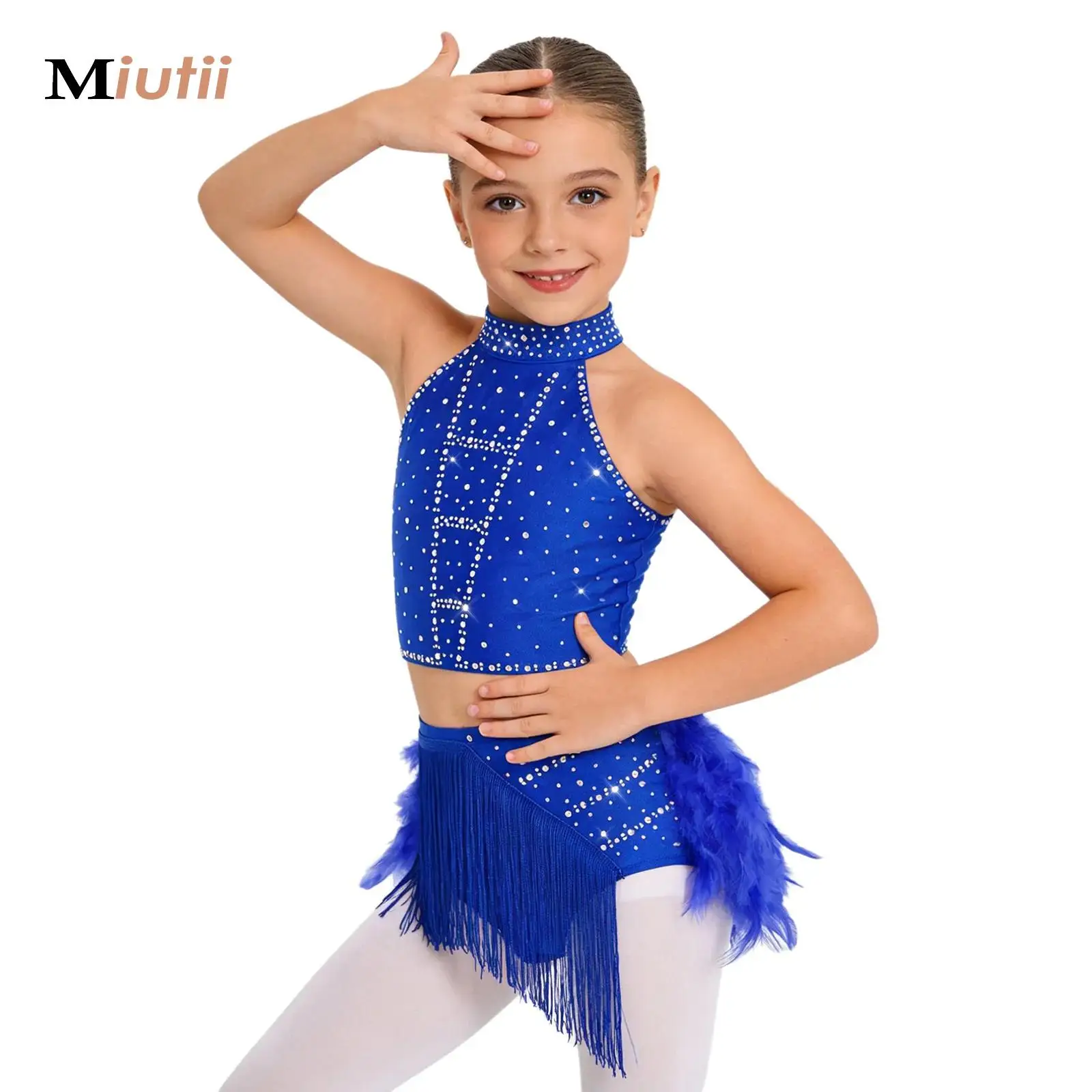 

Girls Modern Contemporary Dance Dress Lyrical Dance Costume Rhinestone Crop Top with Feather Skirts Gymnastics Ballet Outfits
