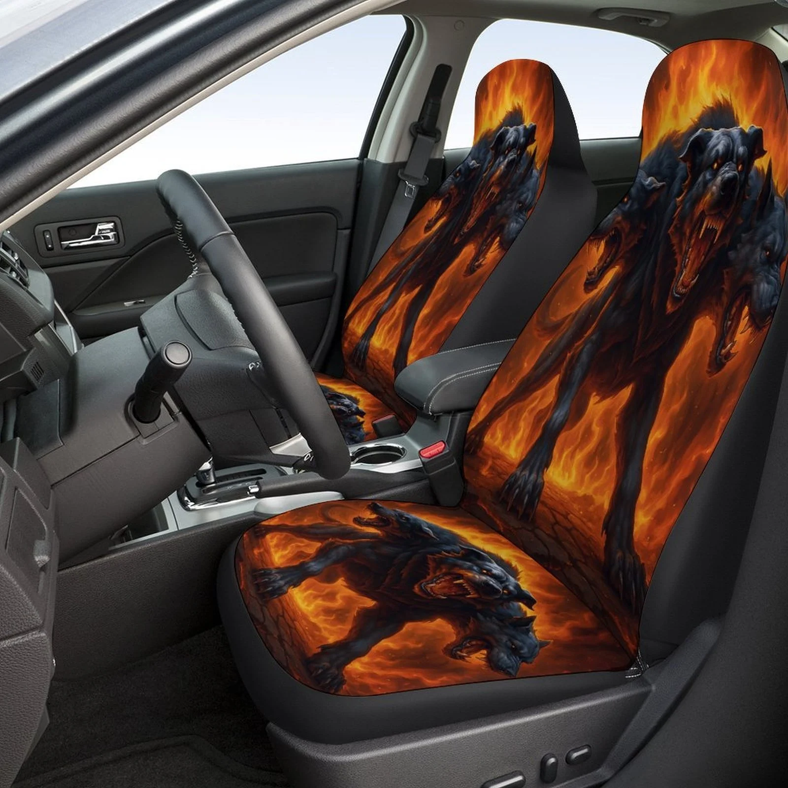 Hellfire Wolves Designed Car Seat Cover Set For Most Cars, Trendy Novelty High-quality Car Seat Protector Covers Full Set, Unive