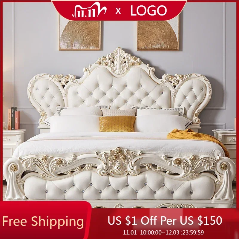 

High End European Bed Frames Queen Modern White Luxury King Size Double Bed Girls Bedroom Storage Camas Furniture For Bedroom
