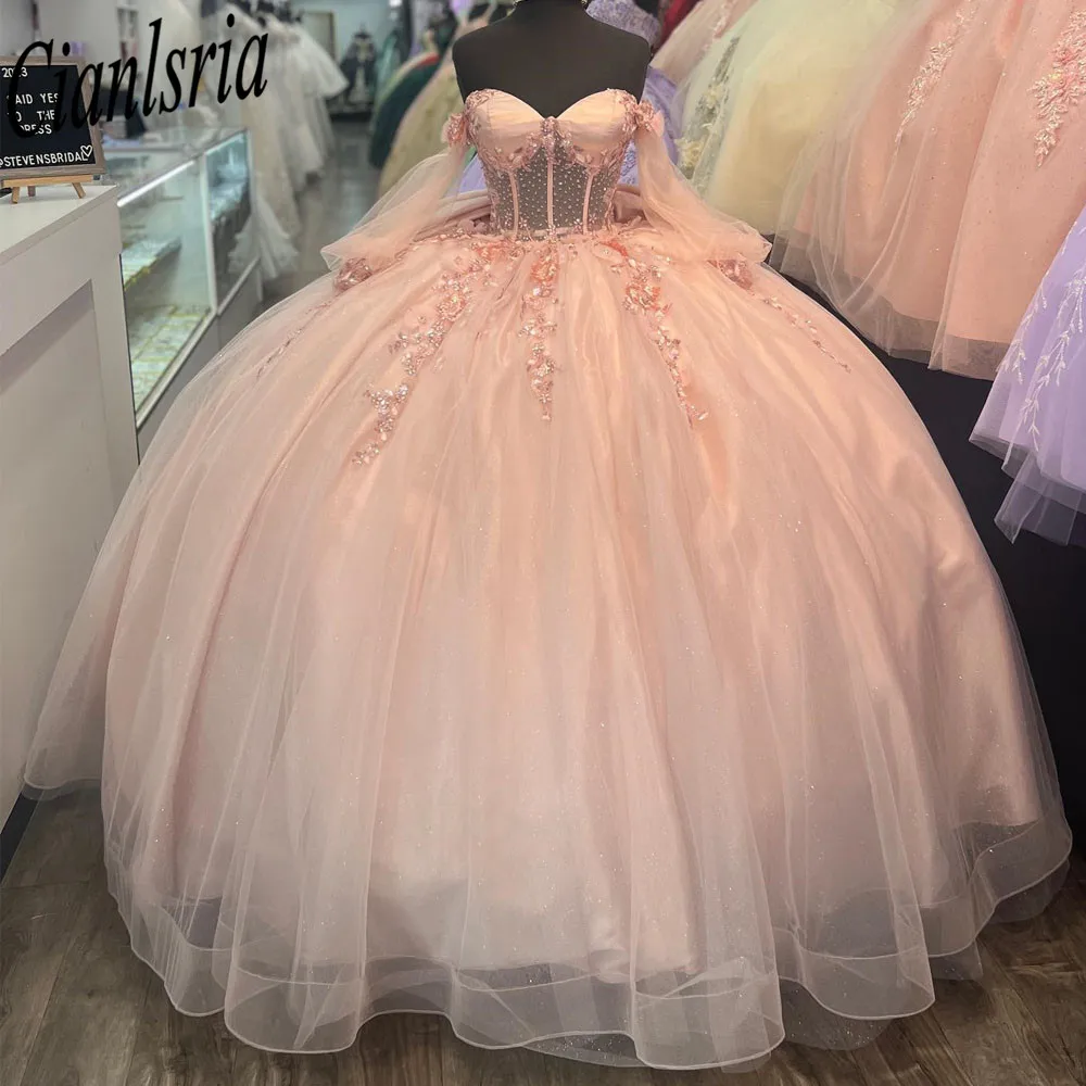 

Coral 2023 Quinceanera Dresses 3D Floral Off The Shoulder Exposed Boning Girls Birthday Party Prom Gowns Princess 15 16