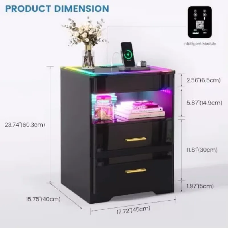 2 Set Smart Lighted Nightstands with Auto Sensor & Charging Station, Black | 20 RGB Light Modes, App Control, Hidden