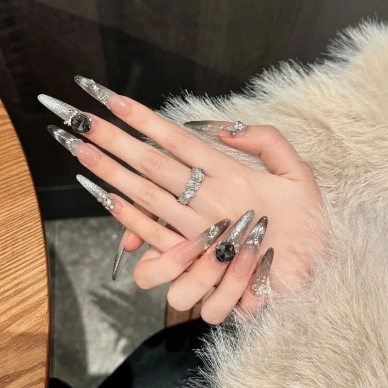 10 stuks handgemaakte pers op nagels 10 stuks ovaal zwart gradiënt cat eye nepnagels set strass bling extra lange nageltips stiletto