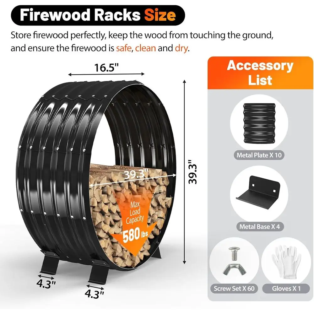Round Metal Sheet Wood Rack Indoor Outdoor Beside Fire Pit -with Metal Legs, Rustproof, Durable & Stylish Wood Holder (Circle, 4 view 2