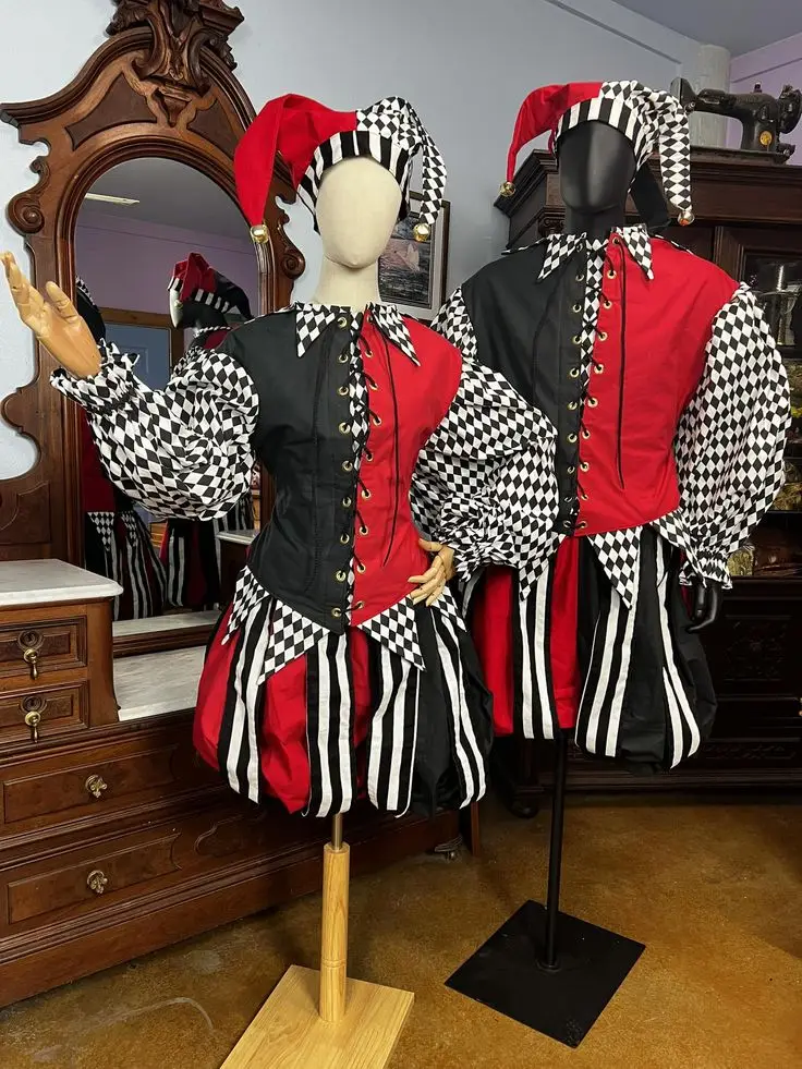 

Harlequin Costumes Are Ideal For Carnival Halloween And Themed Parties They Feature Bold Red Black Checkered And Striped Prints
