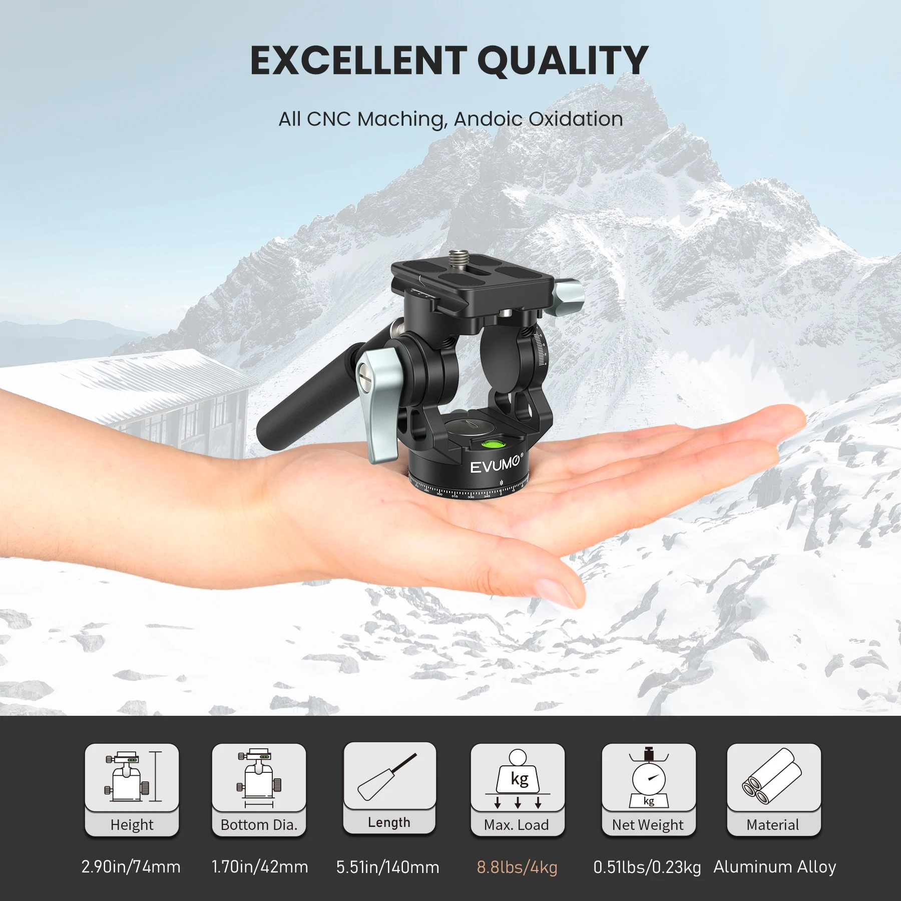 EVUMO H3 Mini New Hollow Video Hydraulic Head 360° Double Panoramic Shooting Handle Adjustable Lightweight Portable Video Head