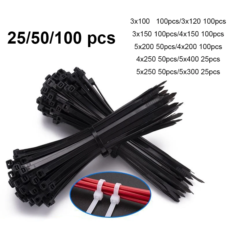 25-100pcs Self Locking Plastic Nylon Tie Black Zipper Wrapped Nylon Cable Tie, Fastening Ring Length 100-400mm Wraparound Cord