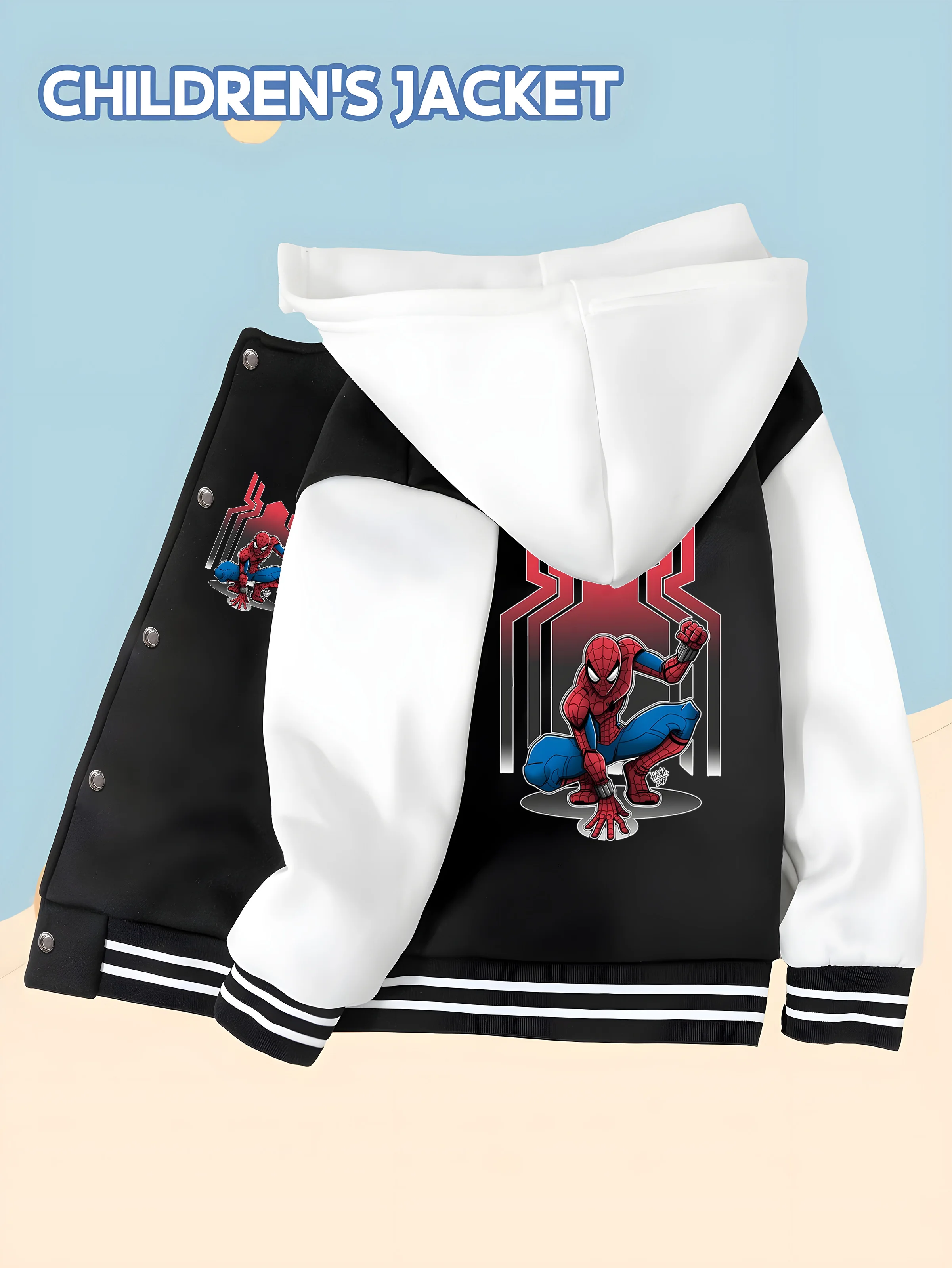 

MINISO Authorized Spider-Man children's baseball uniform hero pattern, black and white contrast design, trendy and childlike, so