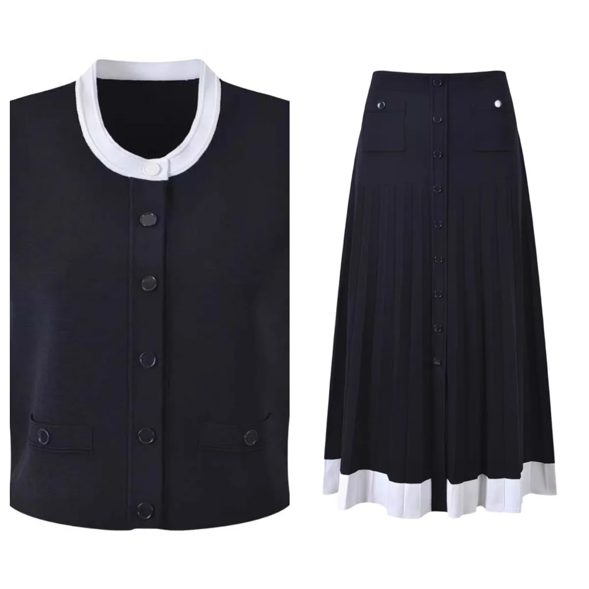 

Women Black Set Contrast Color Sweater Vest Sleeveless O-neck Single Breasted Cardigan or Pleated High Waist Midi Skirt