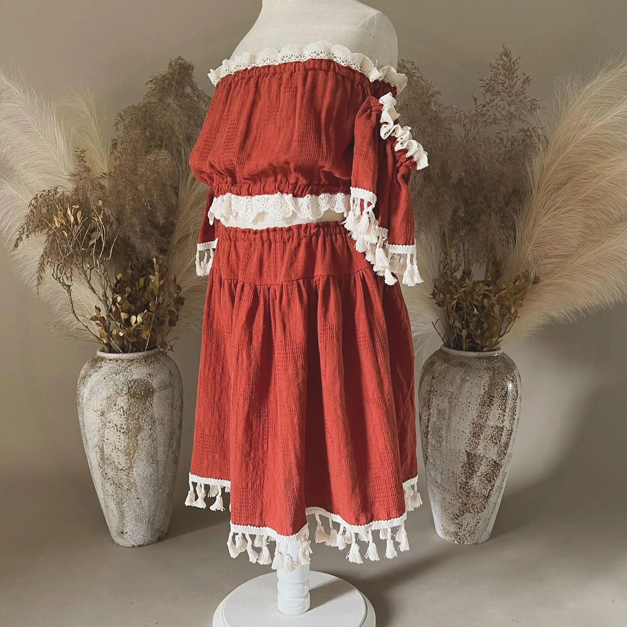 Don&Judy Boho-Stil-Kleid für Mädchen, zweiteiliges Set, Rock, Baumwolle, Spitzenbesatz, Stoff für Mädchen, 3–6 Jahre, Fotorock – Detail 5