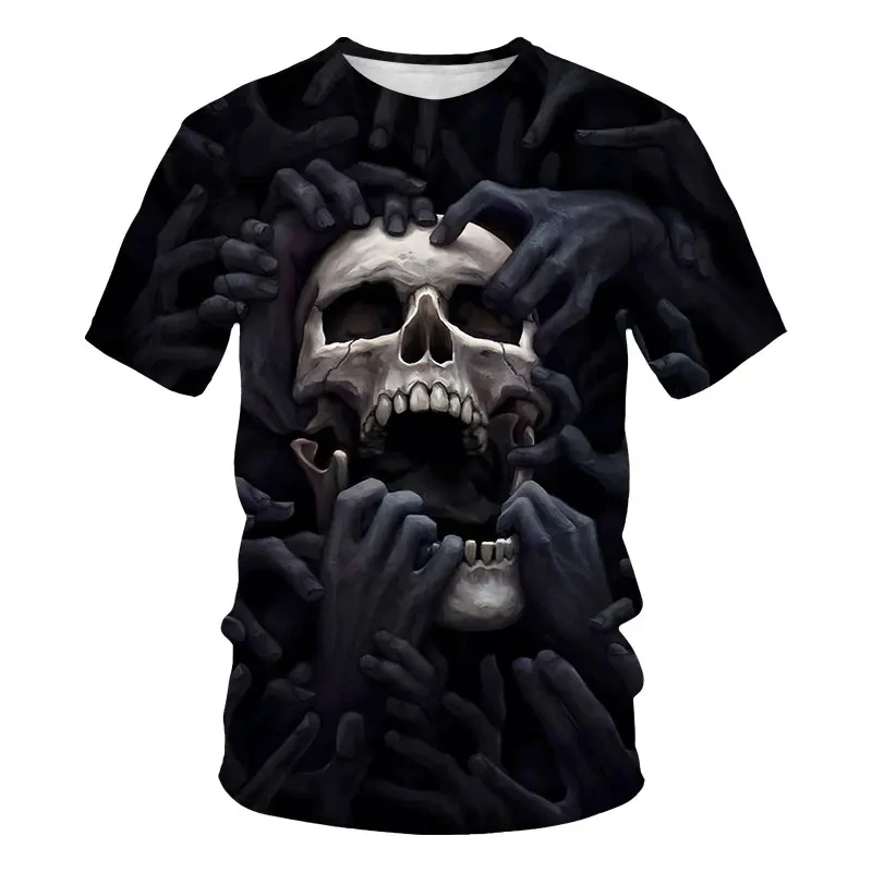 Novedad de verano, camiseta estampada para hombre, camiseta informal de manga corta con estampado de calavera de terror, ropa de calle fresca de talla grande