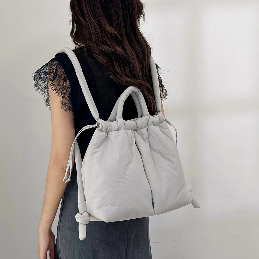 Korea Solid Shoulder Bag Nylon Knotted Strap Filled Cotton Bag Tote Bag Backpack Casual Large Capacity Portable Crossbody Bag