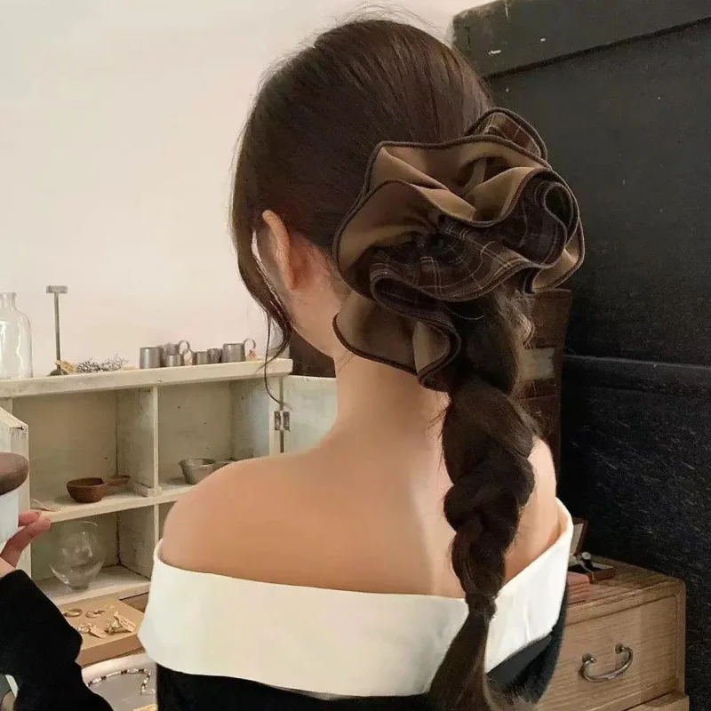 

Women Super Large Four-layer Plaid Elastics Hair Band Scrunchies Girls Hair Ties Ladies advanced Ponytail Holder Hair Accessorie