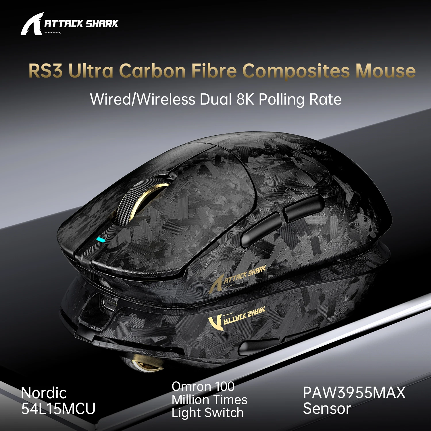 ATTACK SHARK RS3Ultra Carbon Fiber Gaming Mouse PAW3955MAX Sensor 52000DPI Dual 8K Polling Rate Tri-Mode Lightweight for Gaming