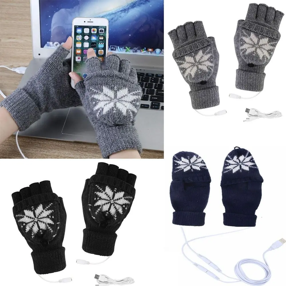 

Warm Hand Unisex Women Winter Glove Knitting Half Finger Flip Gloves Men Women Warmer Mitten USB Double-sided Heated Gloves