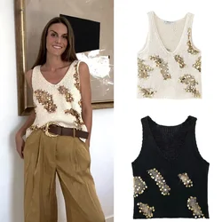 Women Sequin Embellished V-neck Sleeveless Casual Tops Woman Y2K Backless Party Top Sexy Off Shoulder Knitted Vest