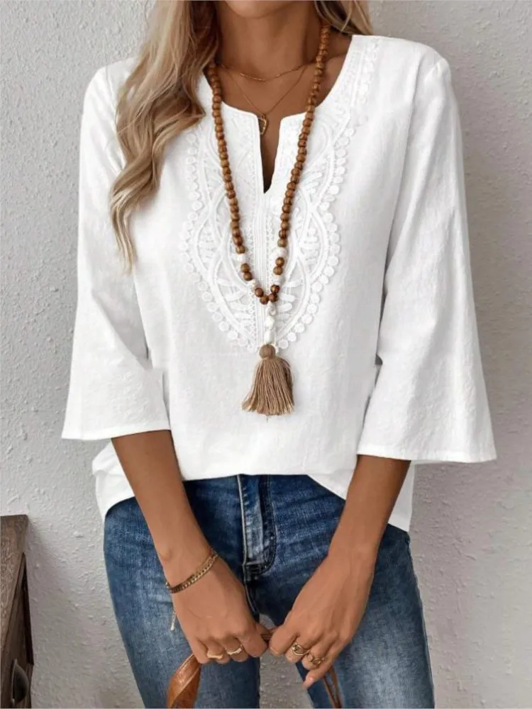 

Women's Loose Solid Color V-neck Lace Shirt New Summer Fashion White Office Casual Holiday Top Shirts Womens Tops And Blouses