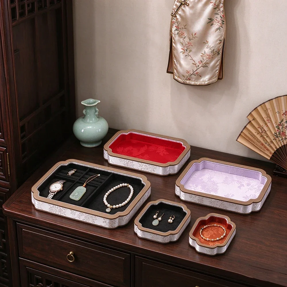 Vintage Royal‑Style Satin Jewelry Organizer Box 3‑Pack Floral Printed Decorative Display Trays