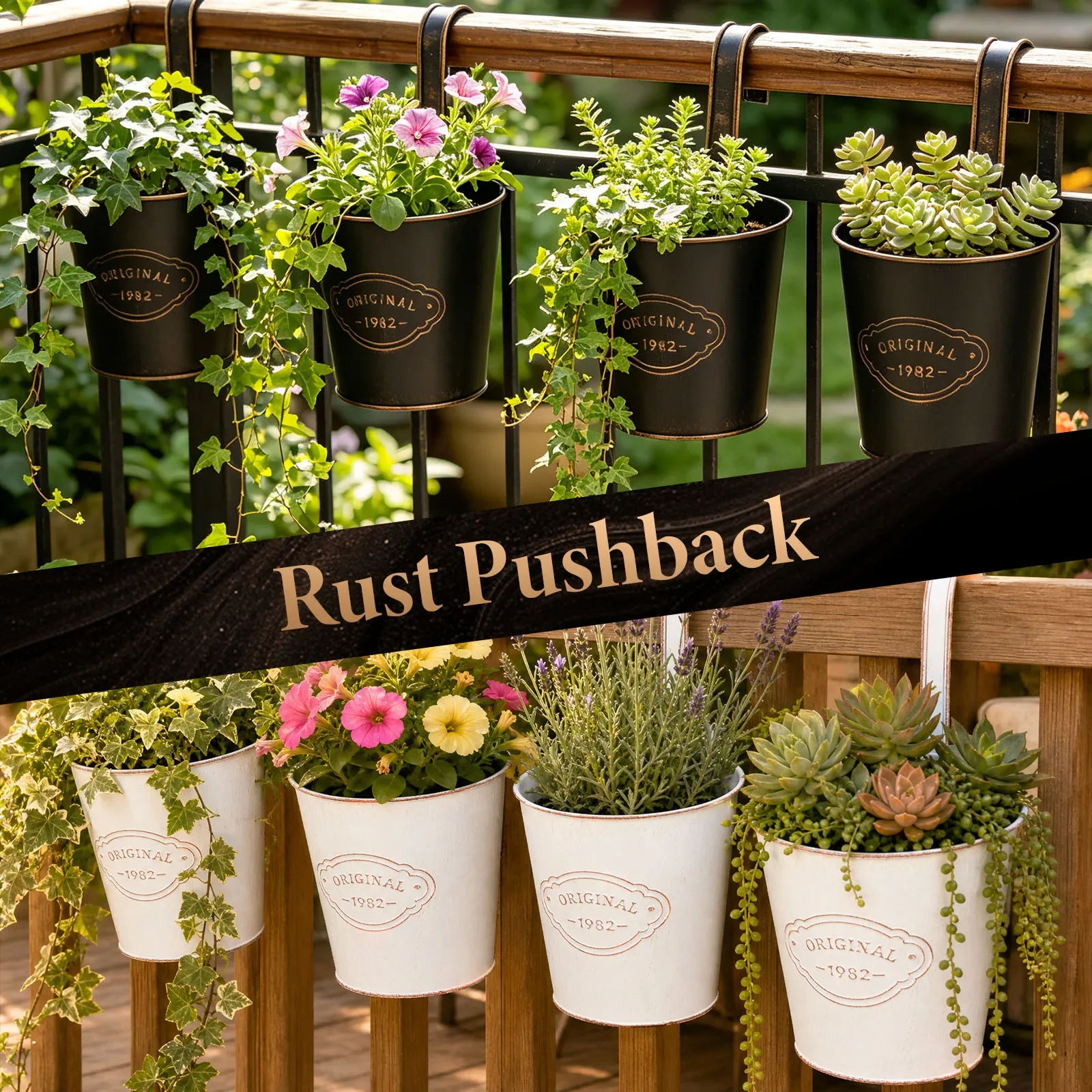 4 Pcs Metal Hanging Flower Pot Balcony Fence Wall Hanging Planters Detachable Hook Indoor Outdoor Garden Decoration