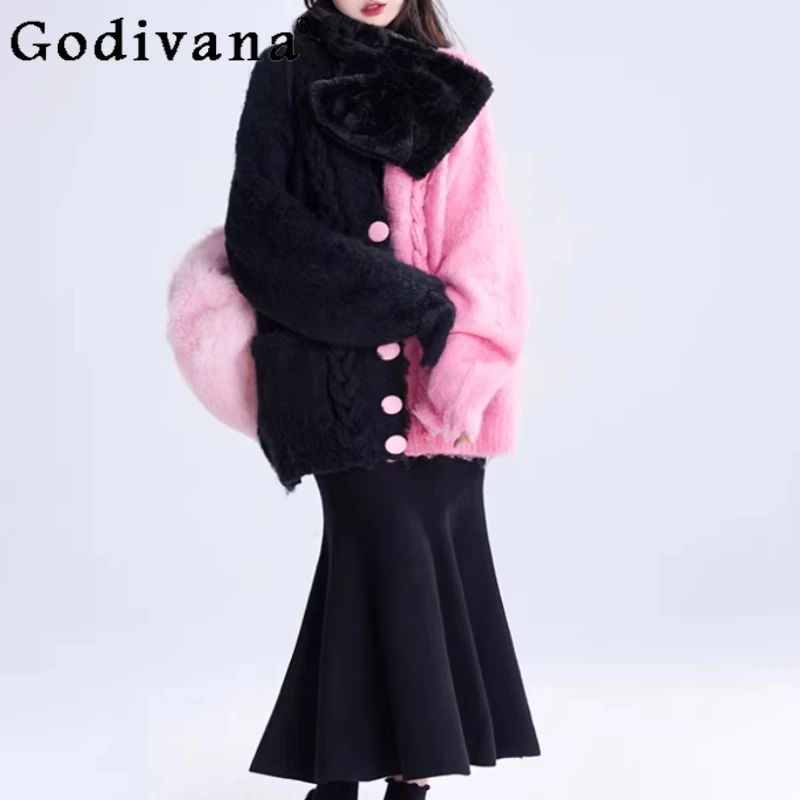 

Autumn Women Sweet Contrasting Colors Loose Long Sleeve Black Pink Knitted Cardigan V-neck Versatile Age-reducing Sweater Tops