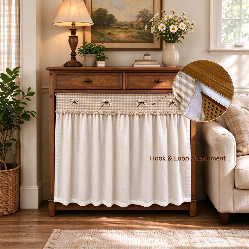 Cabinet Skirt Farmhouse Gingham Sink Skirt with Lace Bows, Self Adhesive No Drill Cabinet Curtain for Bathroom Vanity Sideboard