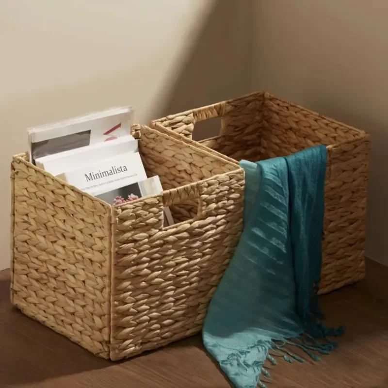 Rectangular Water Hyacinth Storage Basket Hand Woven Collapsible Rattan Organizer with Handle Modern Home Decor Laundry Bin