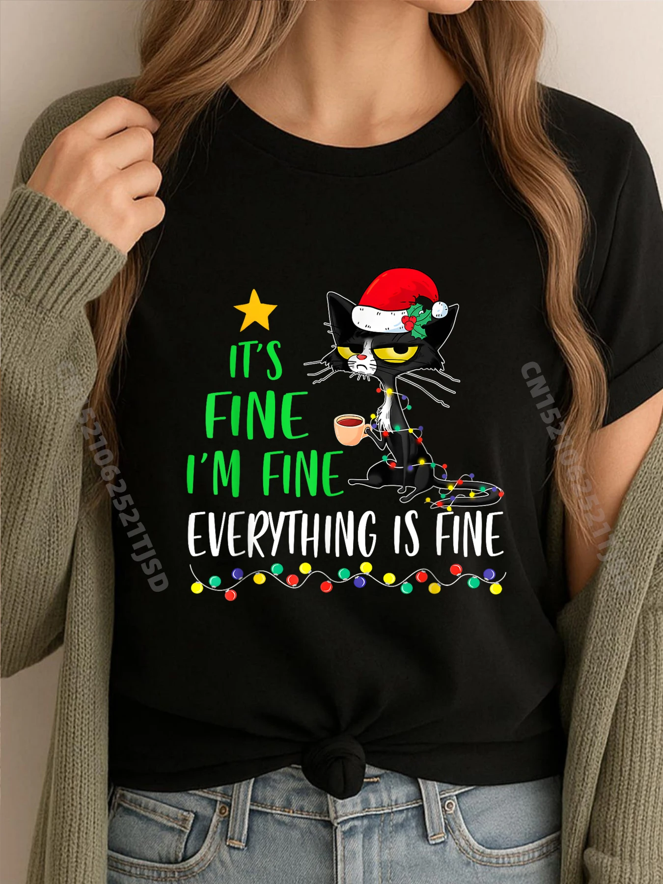 

Рождественская футболка Black Cat It Fine I M Fine Everything Is Fine, милая футболка большого размера, мужская рубашка, топы, футболки, игры