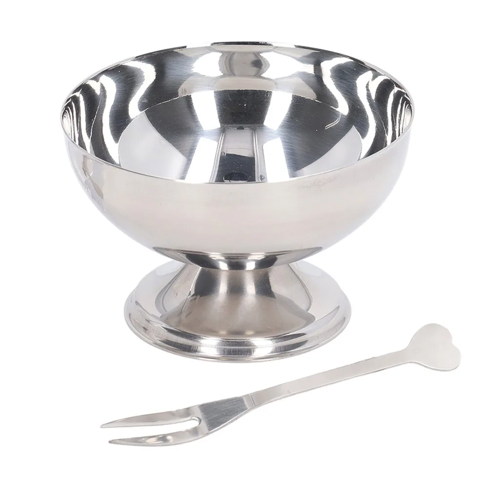 Practical High Foot Goblet Rustless Steel Polished Ice Cream Cup with Fork Thickened Dessert Cup Afternoon Tea