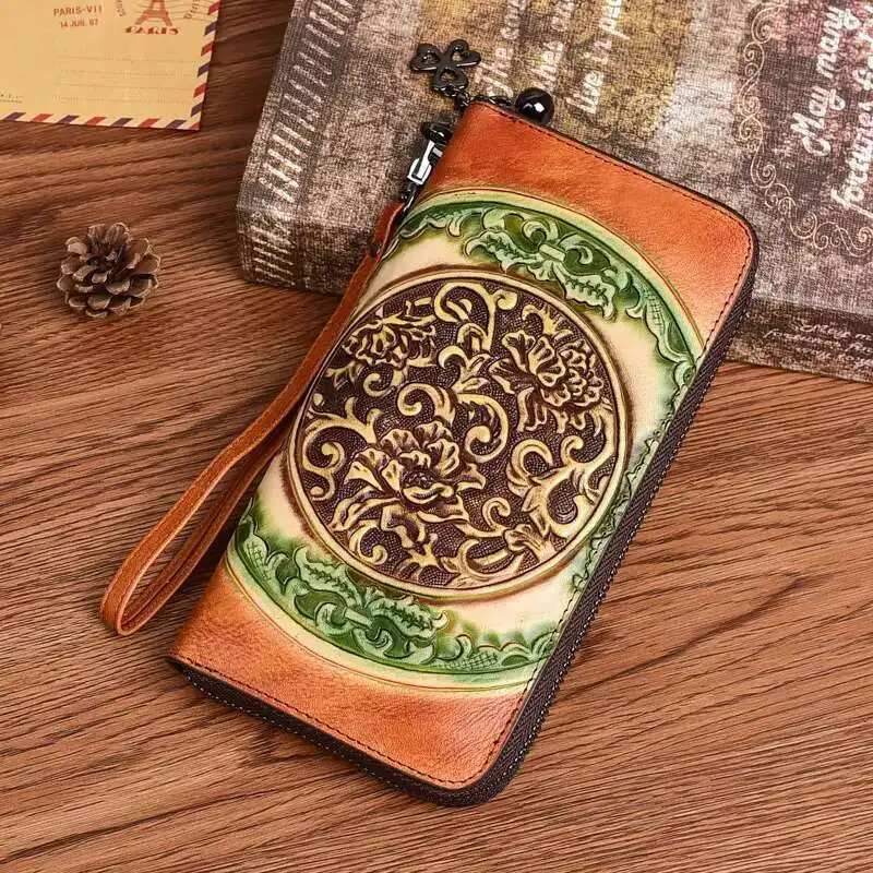 MOTAORA Women's Genuine Cow Leather Wallet – Long Embossed Ethnic Purse with Card Slots & Phone Pocket, Retro Handbag Gift