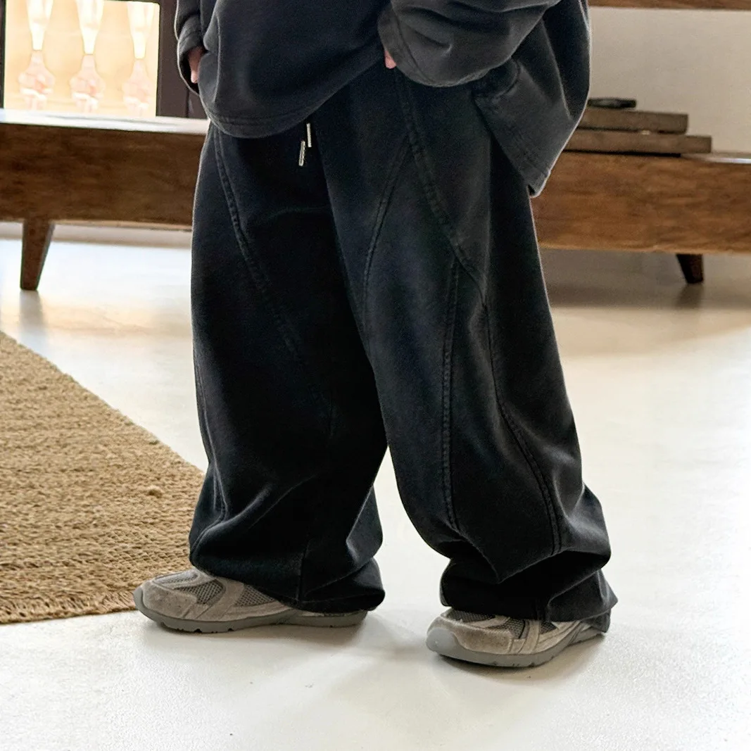 Kids Pants 2026 New Kids Wide-Leg Pants Boys Chic Solid Color Loose-Fit Straight Cut Trousers Washed Fabric For Spring/Autumn