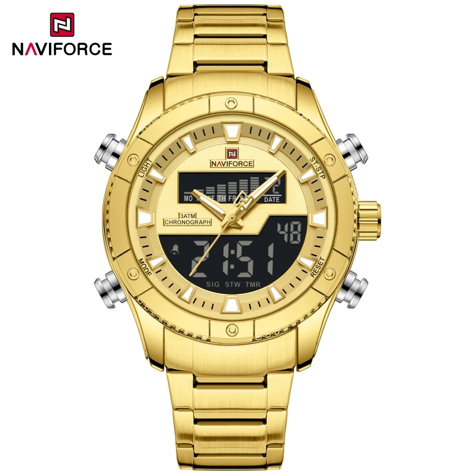 New NAVIFORCE Men Dual Display Sport Resistant Alarm Watch Stainless Steel Water Countdown Multi Function Wristwatch Gifts Box