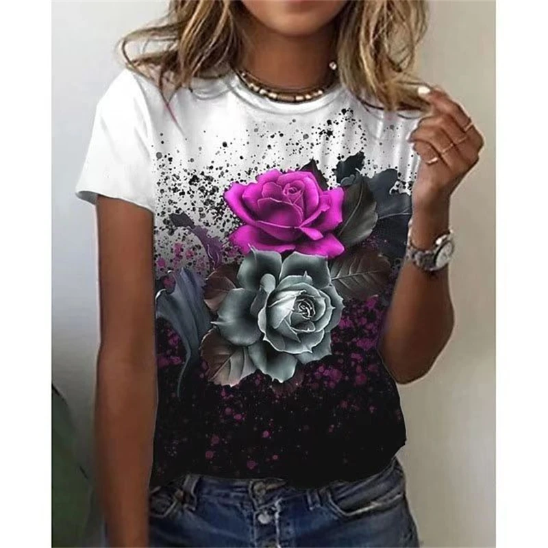 Camiseta con estampado de flores en 3D para mujer, Top para niña, ropa Y2k, camisetas de manga corta, cuello en V, camiseta informal para vacaciones para mujer