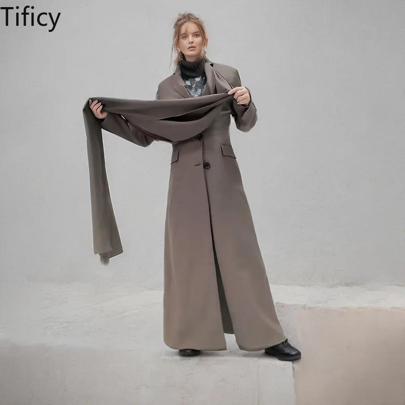 

TIFICY 2024 Spring New Street Trendy Scarf Decoration Design Sense Long Suit Coat Women's Slim Fit and Slimming Suit