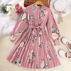 Dress Kids Girls 8-12 Years Pink Printed Long-Sleeved Pleated Dress For Girls Elegant Vacation Holiday Party Dress