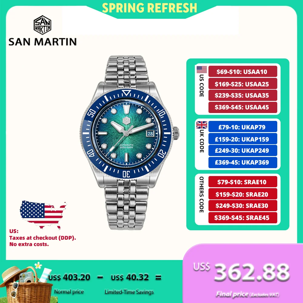 

San Martin 37.5mm 40m 9015 Enamel Vortex JianZhan Dial Men Diving Watch Automatic BGW-X1 Sapphire 20Bar Luxury SN0148G(X)-1