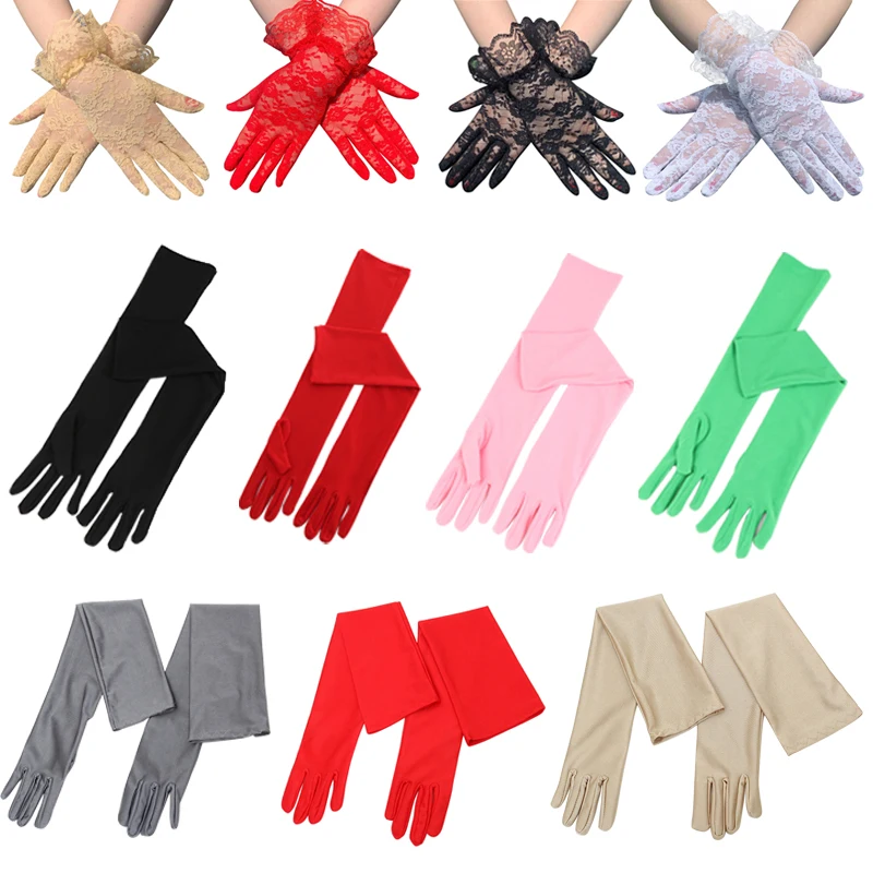 

Classic Black Red Skin Opera Elbow Gloves Wrist Stretch Satin Finger Long Gloves Women Flapper Party Gloves Matching Costumes